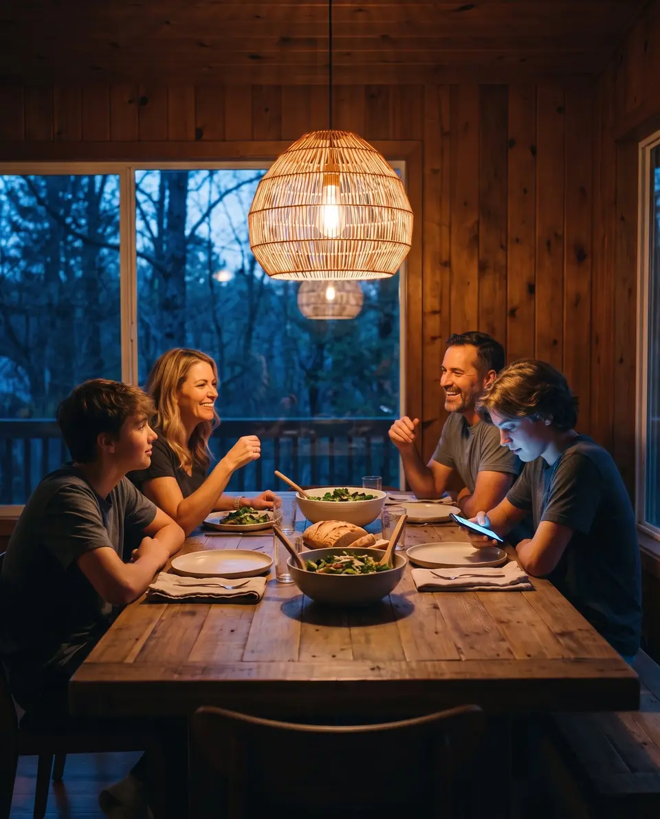 A family laughing together at dinner while one teenager looks down at his phone