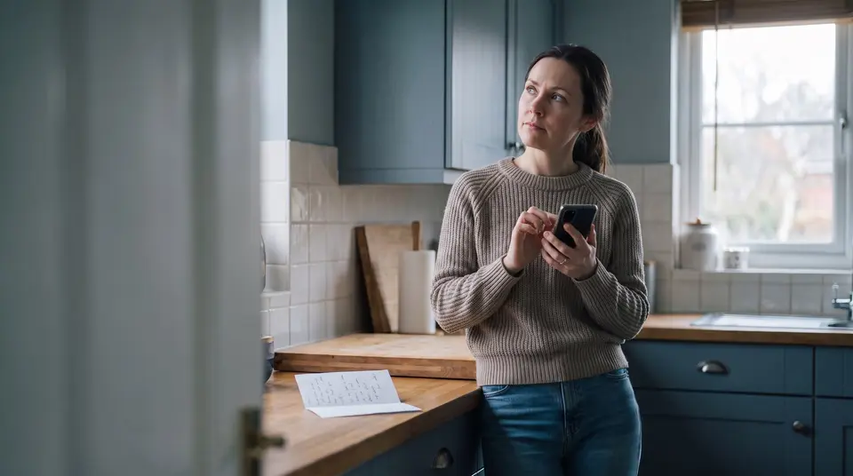 A woman in her kitchen typing a phone number from memory