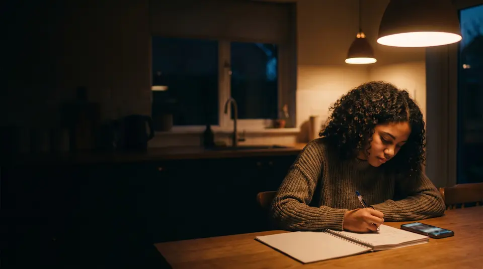 A teenage girl doing homework at the kitchen table in the evening