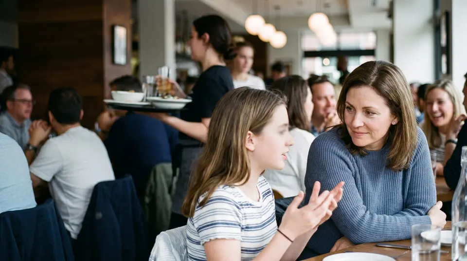 A mother listening closely to her teenage daughter in a busy restaurant